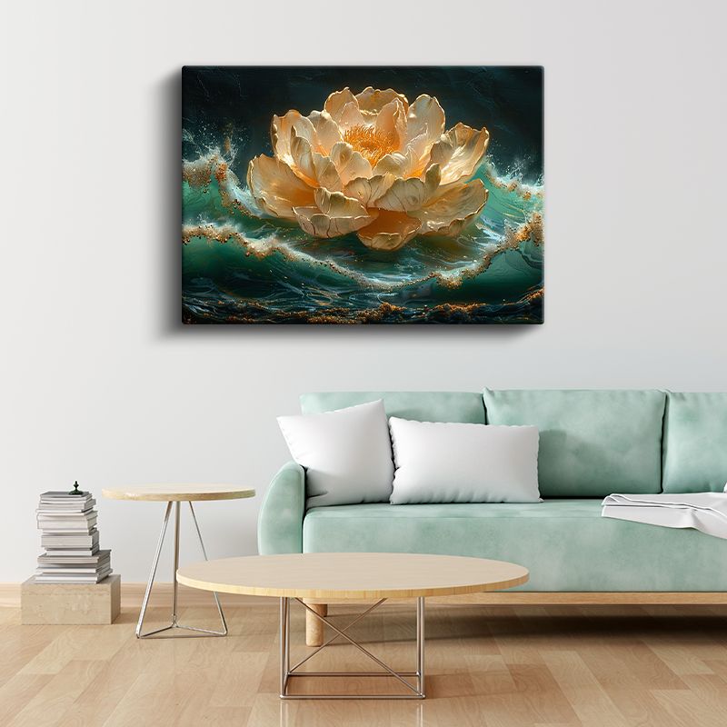 Beyaz Şakayık - Mavi Fonda Altın Detaylı Yağlı Boya Kanvas Tablo