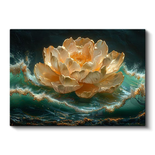 Beyaz Şakayık - Mavi Fonda Altın Detaylı Yağlı Boya Kanvas Tablo