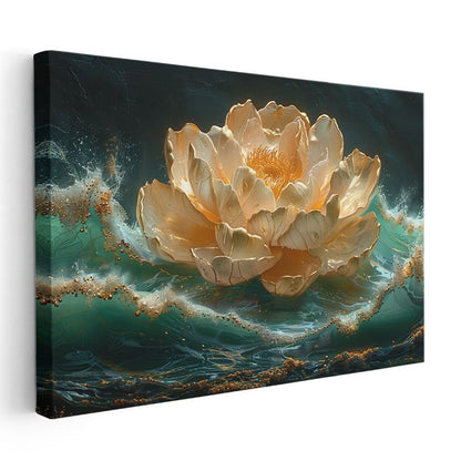 Beyaz Şakayık - Mavi Fonda Altın Detaylı Yağlı Boya Kanvas Tablo