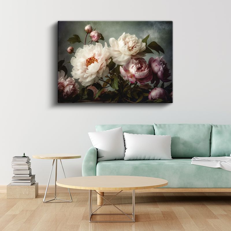 Krem Çiçekler - Mavi Dokulu Fonda Kabartma Görünümlü Sanat Kanvas Tablo