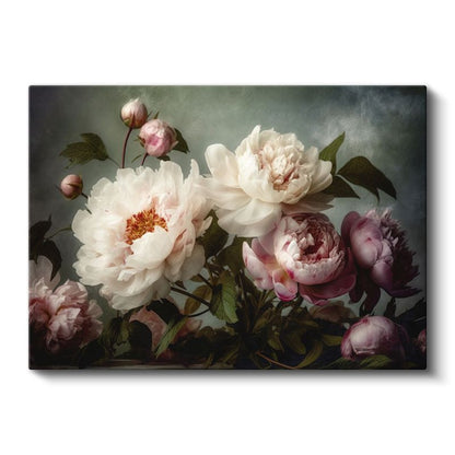 Krem Çiçekler - Mavi Dokulu Fonda Kabartma Görünümlü Sanat Kanvas Tablo