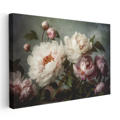 Krem Çiçekler - Mavi Dokulu Fonda Kabartma Görünümlü Sanat Kanvas Tablo