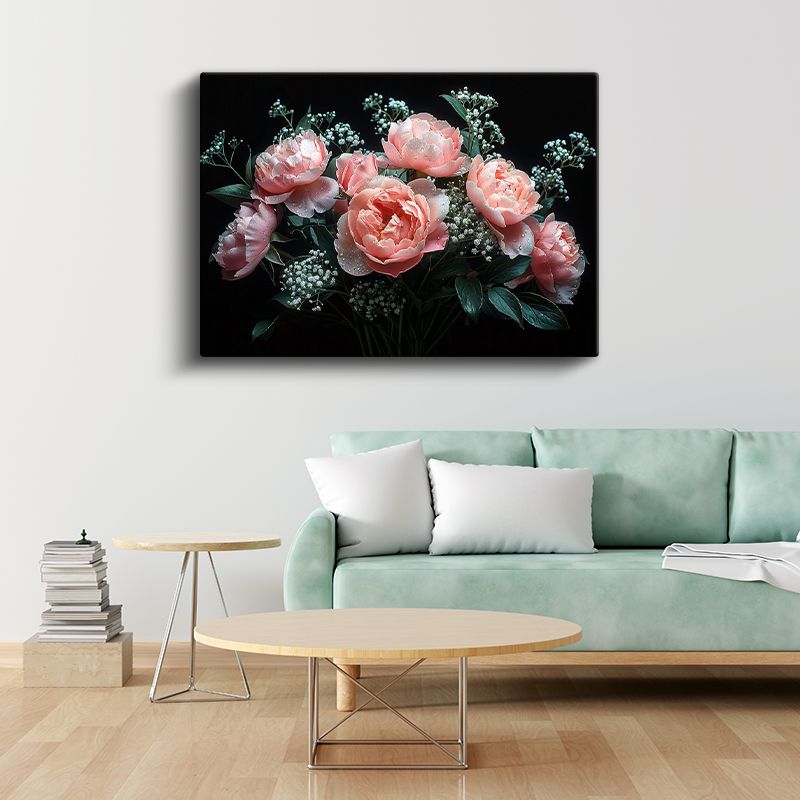 Pembe Şakayıklar - Çiy Damlacıklı Zarif Buket Kanvas Tablo