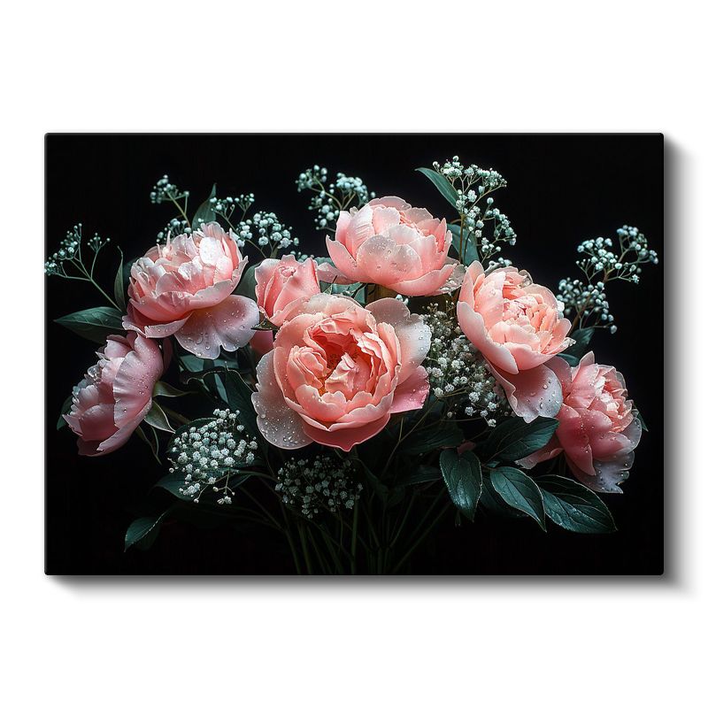 Pembe Şakayıklar - Çiy Damlacıklı Zarif Buket Kanvas Tablo