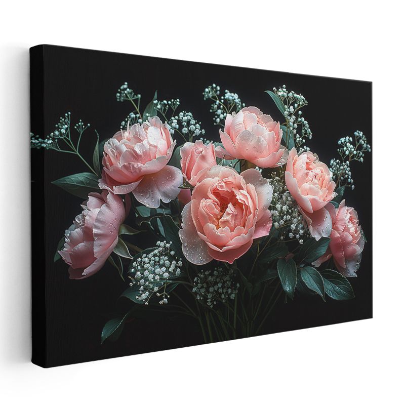 Pembe Şakayıklar - Çiy Damlacıklı Zarif Buket Kanvas Tablo