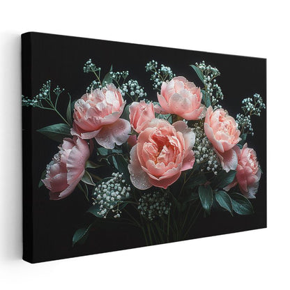 Pembe Şakayıklar - Çiy Damlacıklı Zarif Buket Kanvas Tablo