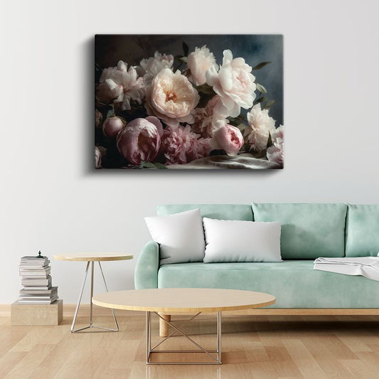 Pembe Beyaz Şakayıklar - Vintage Tarzı Romantik Buket Kanvas Tablo