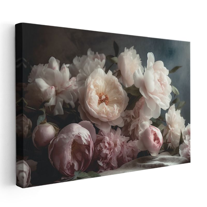 Pembe Beyaz Şakayıklar - Vintage Tarzı Romantik Buket Kanvas Tablo