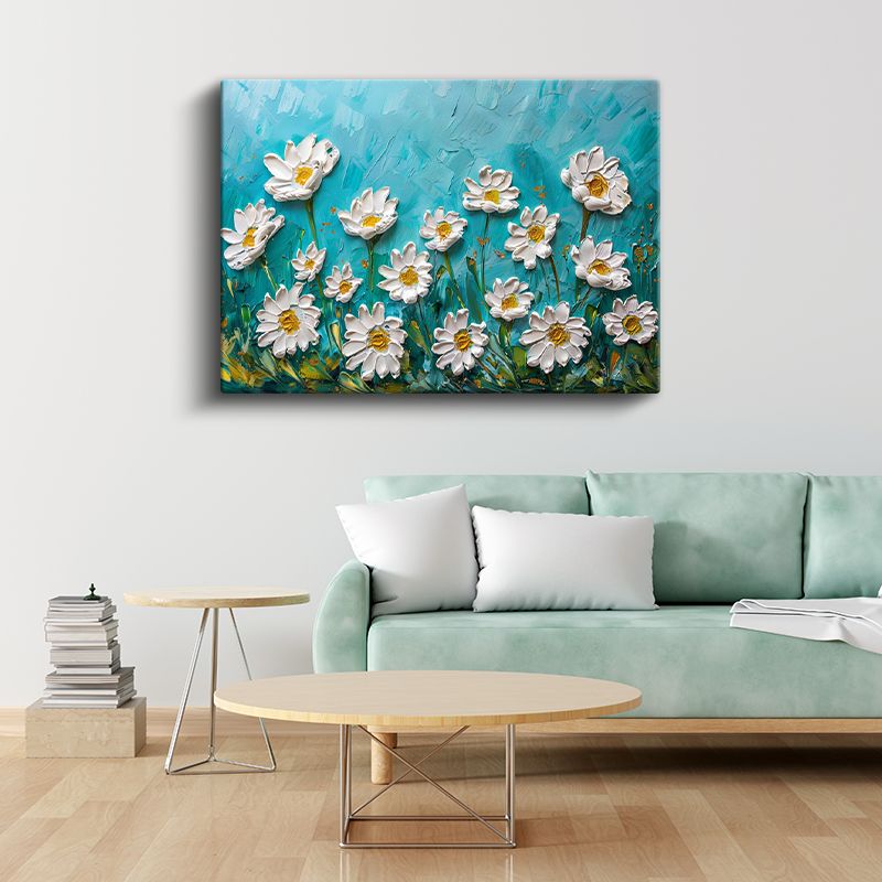 Beyaz Papatyalar - Turkuaz Fonda Kabartma Görünümlü Çiçek Deseni Kanvas Tablo