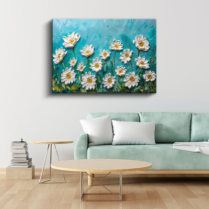 Beyaz Papatyalar - Turkuaz Fonda Kabartma Görünümlü Çiçek Deseni Kanvas Tablo