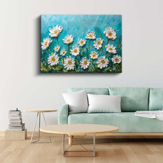 Beyaz Papatyalar - Turkuaz Fonda Kabartma Görünümlü Çiçek Deseni Kanvas Tablo