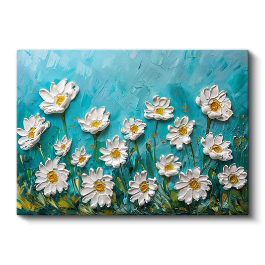 Beyaz Papatyalar - Turkuaz Fonda Kabartma Görünümlü Çiçek Deseni Kanvas Tablo
