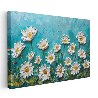 Beyaz Papatyalar - Turkuaz Fonda Kabartma Görünümlü Çiçek Deseni Kanvas Tablo