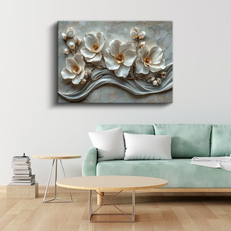 Beyaz Magnolya - Gri Mermer Dokulu Kabartma Görünümlü Sanat Kanvas Tablo