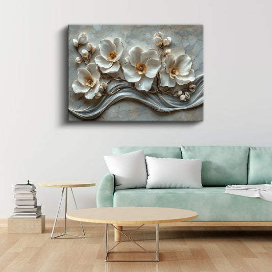 Beyaz Magnolya - Gri Mermer Dokulu Kabartma Görünümlü Sanat Kanvas Tablo