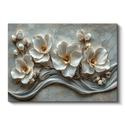 Beyaz Magnolya - Gri Mermer Dokulu Kabartma Görünümlü Sanat Kanvas Tablo