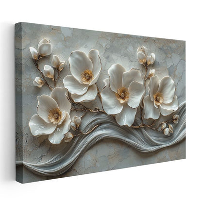 Beyaz Magnolya - Gri Mermer Dokulu Kabartma Görünümlü Sanat Kanvas Tablo