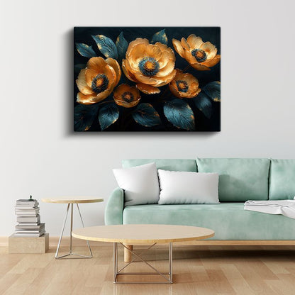 Altın Gelincikler - Mavi Yapraklı Lüks Dekoratif Kanvas Tablo