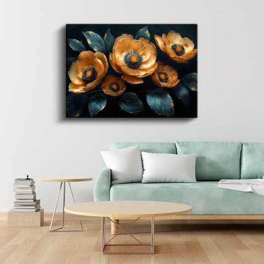 Altın Gelincikler - Mavi Yapraklı Lüks Dekoratif Kanvas Tablo