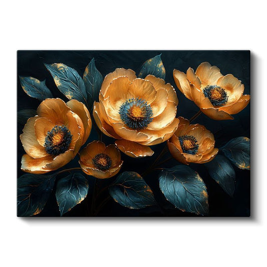 Altın Gelincikler - Mavi Yapraklı Lüks Dekoratif Kanvas Tablo
