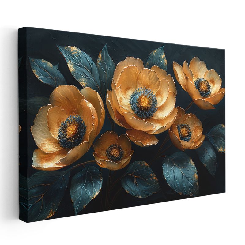 Altın Gelincikler - Mavi Yapraklı Lüks Dekoratif Kanvas Tablo