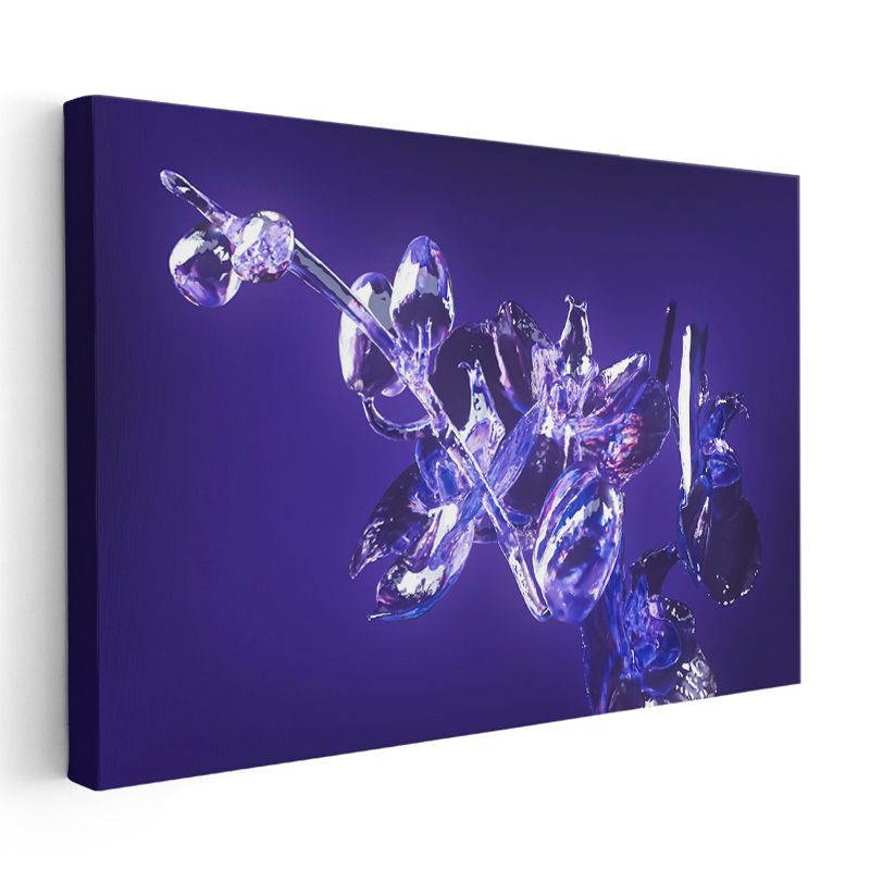 Kristal Çiçek - Mor Fonda Işıltılı Cam Sanatı Kanvas Tablo