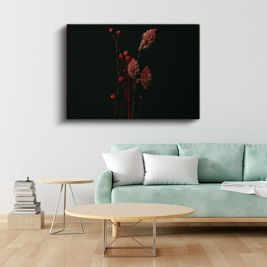 Kuru Çiçekler - Siyah Fonda Minimalist Botanik Kanvas Tablo