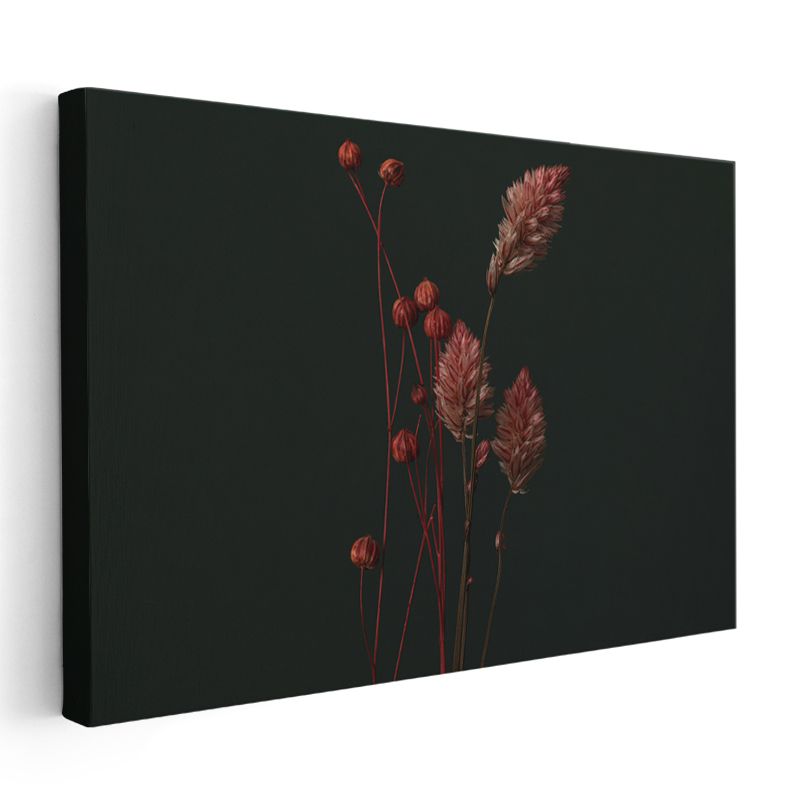 Kuru Çiçekler - Siyah Fonda Minimalist Botanik Kanvas Tablo