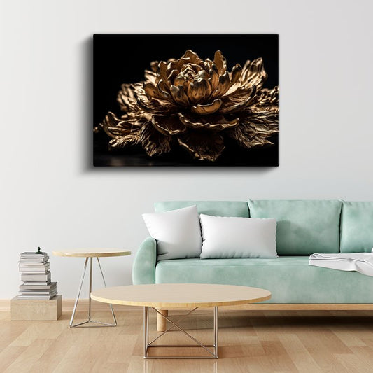 Altın Çiçek - Siyah Fonda Lüks Metal Heykel Kanvas Tablo