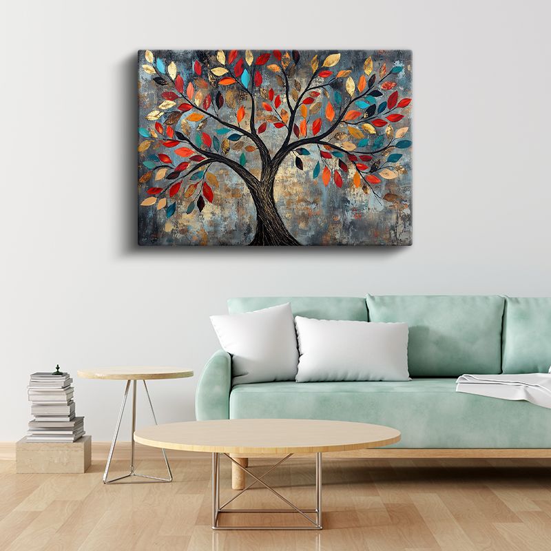 Renkli Yapraklı Ağaç - Gri Fonda Dekoratif Sanat Kanvas Tablo