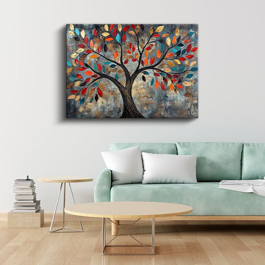 Renkli Yapraklı Ağaç - Gri Fonda Dekoratif Sanat Kanvas Tablo