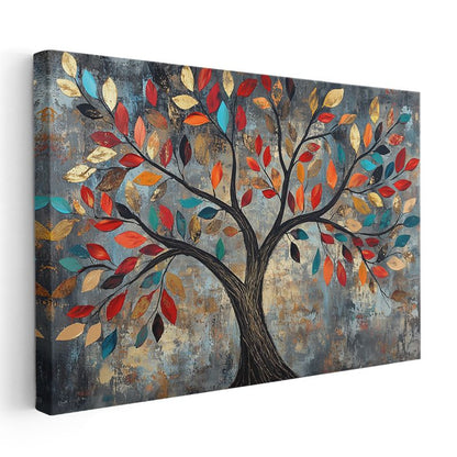 Renkli Yapraklı Ağaç - Gri Fonda Dekoratif Sanat Kanvas Tablo