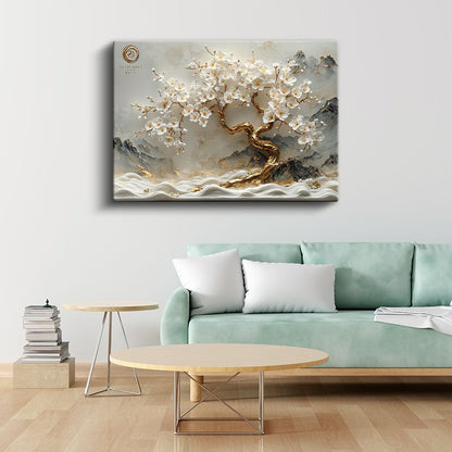 Altın Kiraz Çiçeği - Dağ Manzaralı Kabartma Görünümlü Sanat Kanvas Tablo