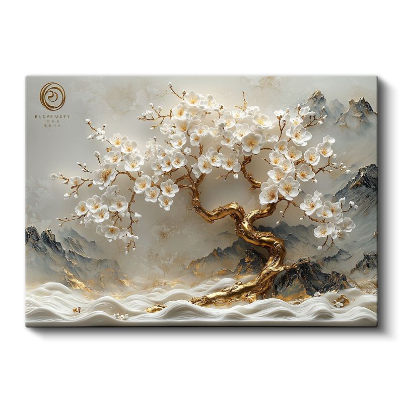 Altın Kiraz Çiçeği - Dağ Manzaralı Kabartma Görünümlü Sanat Kanvas Tablo