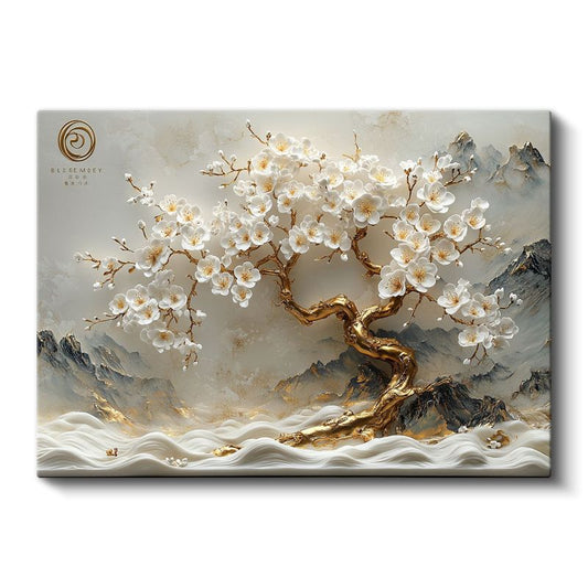 Altın Kiraz Çiçeği - Dağ Manzaralı Kabartma Görünümlü Sanat Kanvas Tablo