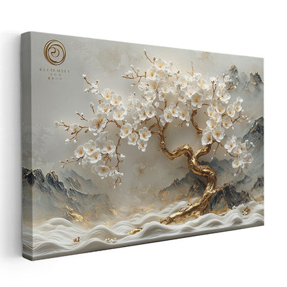 Altın Kiraz Çiçeği - Dağ Manzaralı Kabartma Görünümlü Sanat Kanvas Tablo