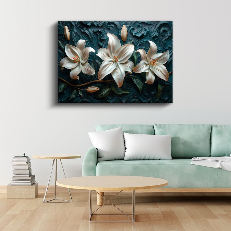 Beyaz Zambaklar - Turkuaz Dalgalı Dokulu Dekoratif Kanvas Tablo