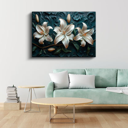 Beyaz Zambaklar - Turkuaz Dalgalı Dokulu Dekoratif Kanvas Tablo