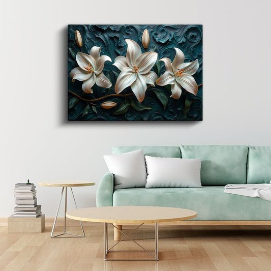 Beyaz Zambaklar - Turkuaz Dalgalı Dokulu Dekoratif Kanvas Tablo