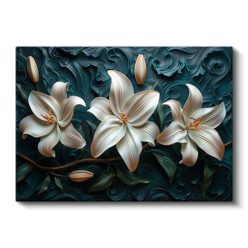 Beyaz Zambaklar - Turkuaz Dalgalı Dokulu Dekoratif Kanvas Tablo