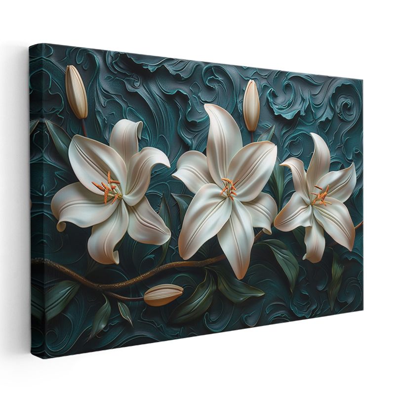 Beyaz Zambaklar - Turkuaz Dalgalı Dokulu Dekoratif Kanvas Tablo