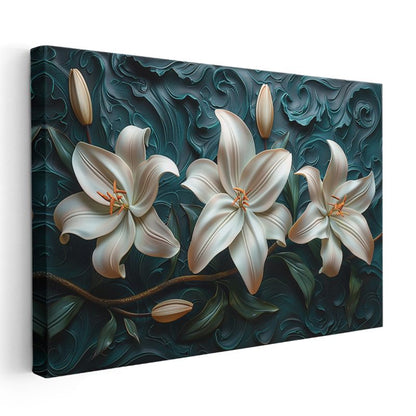 Beyaz Zambaklar - Turkuaz Dalgalı Dokulu Dekoratif Kanvas Tablo
