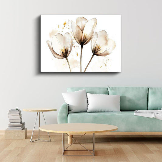 Şeffaf Laleler - Beyaz Fonda Sulu Boya Tekniği Kanvas Tablo