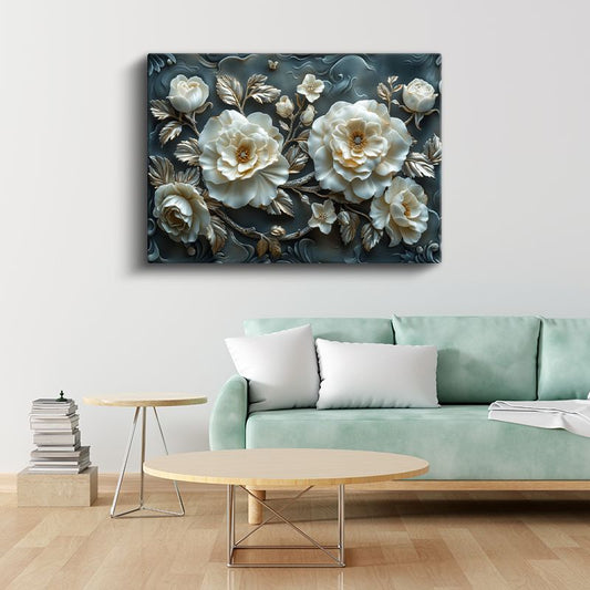Krem Güller - Mavi Fonda Kabartma Görünümlü Dekoratif Sanat Kanvas Tablo