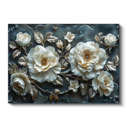 Krem Güller - Mavi Fonda Kabartma Görünümlü Dekoratif Sanat Kanvas Tablo