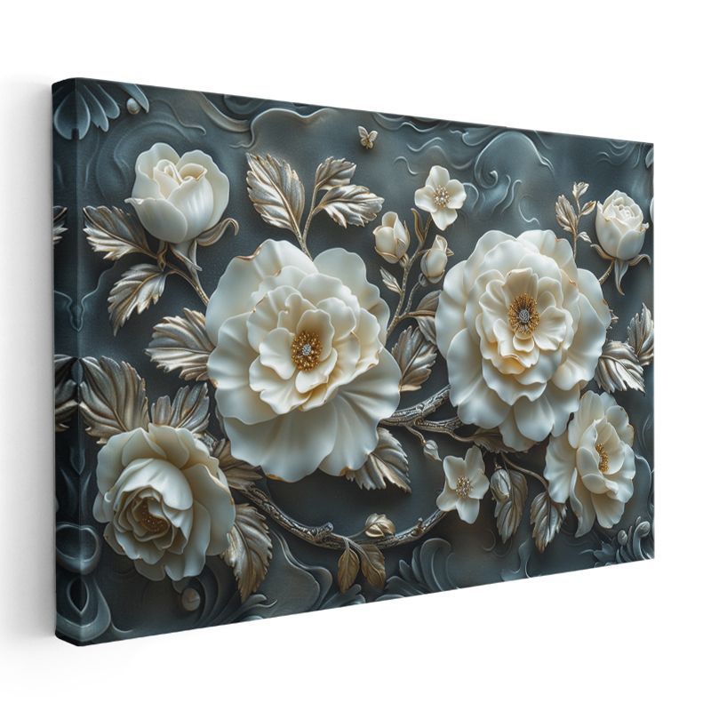Krem Güller - Mavi Fonda Kabartma Görünümlü Dekoratif Sanat Kanvas Tablo