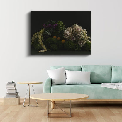 Yeşil Bitkiler - Siyah Fonda Doğal Kompozisyon Kanvas Tablo