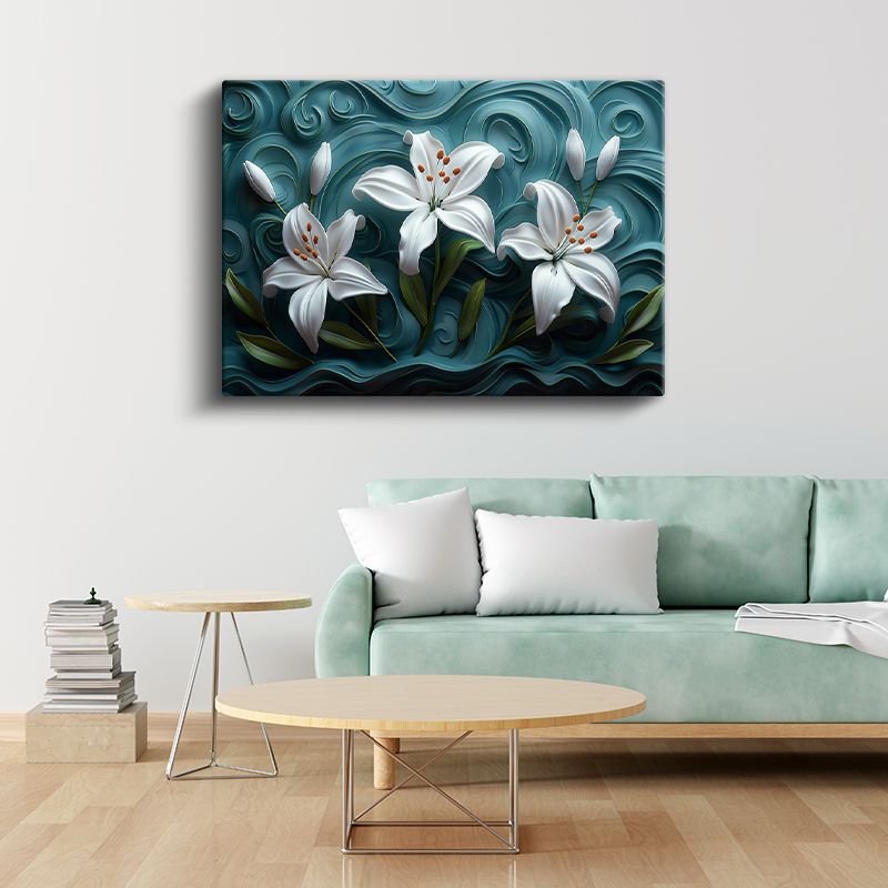 Beyaz Zambaklar - Turkuaz Dalgalı Dokulu Dekoratif Kanvas Tablo