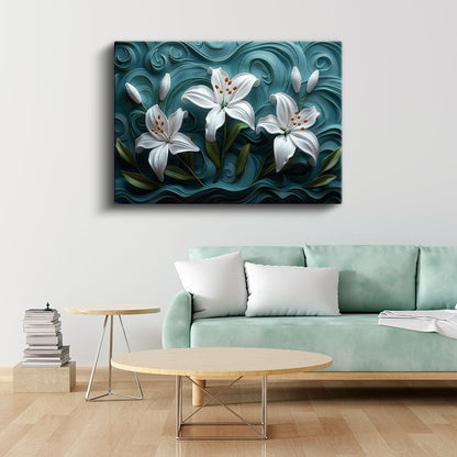 Beyaz Zambaklar - Turkuaz Dalgalı Dokulu Dekoratif Kanvas Tablo