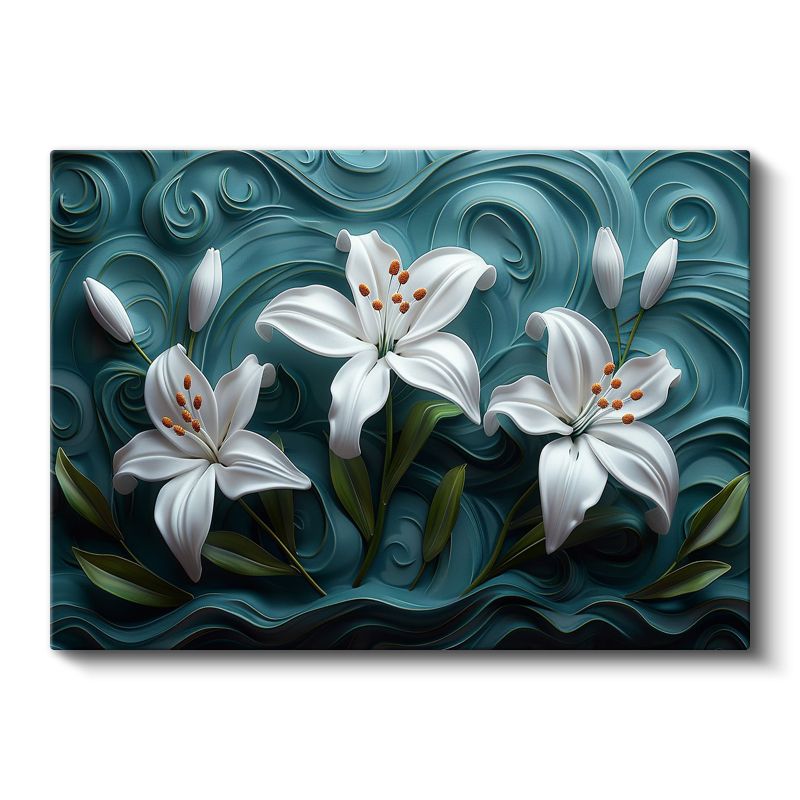 Beyaz Zambaklar - Turkuaz Dalgalı Dokulu Dekoratif Kanvas Tablo